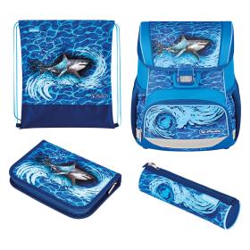 Herlitz Loop Plus Blue Shark juego de mochila escolar Niño Poliéster Azul, Gris