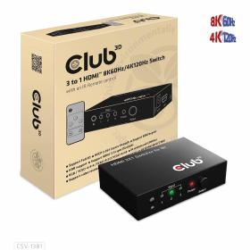 CLUB3D 3 to 1 HDMI 8K60Hz Switch commutateur écran, clavier et souris Noir