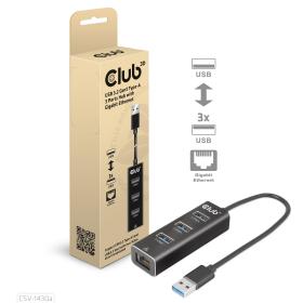 CLUB3D USB 3.2 Gen1 Tipo-A, Hub de 3 Puertos con Gigabit Ethernet