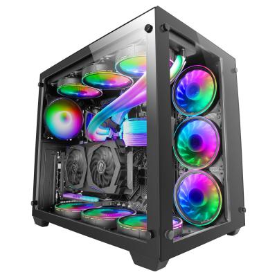 black custom gaming pc computer with glass windows and colorful