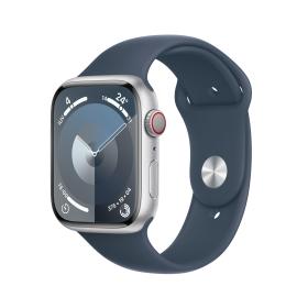 Apple Watch Series 9 GPS + Cellular 45mm Silver Aluminium Case with Storm Blue Sport Band - M L