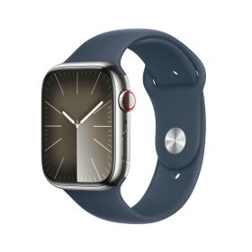 Apple Watch Series 9 GPS + Cellular 45mm Silver Stainless Steel Case with Storm Blue Sport Band - S M
